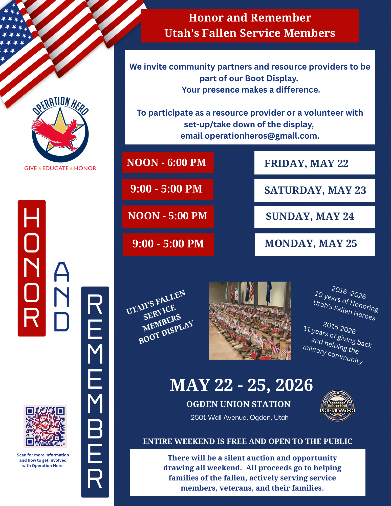 Event flyer for Operation Heros 2026 boot display honoring fallen Utah service members.