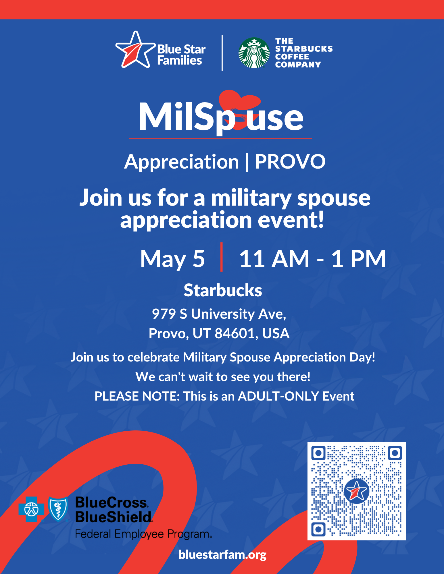 Blue Star Families flyer for a military spouse appreciation event at a Starbucks in Provo.