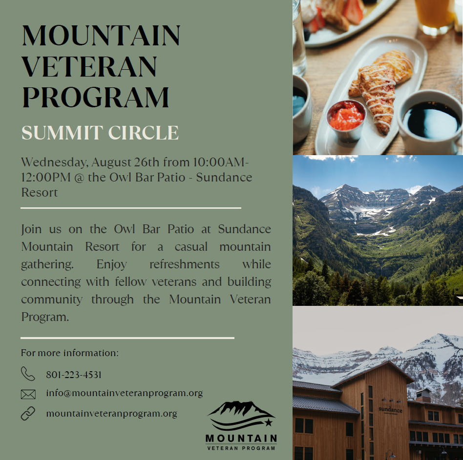 Flyer for Mountain Veteran Program event with mountains, food, and event details.