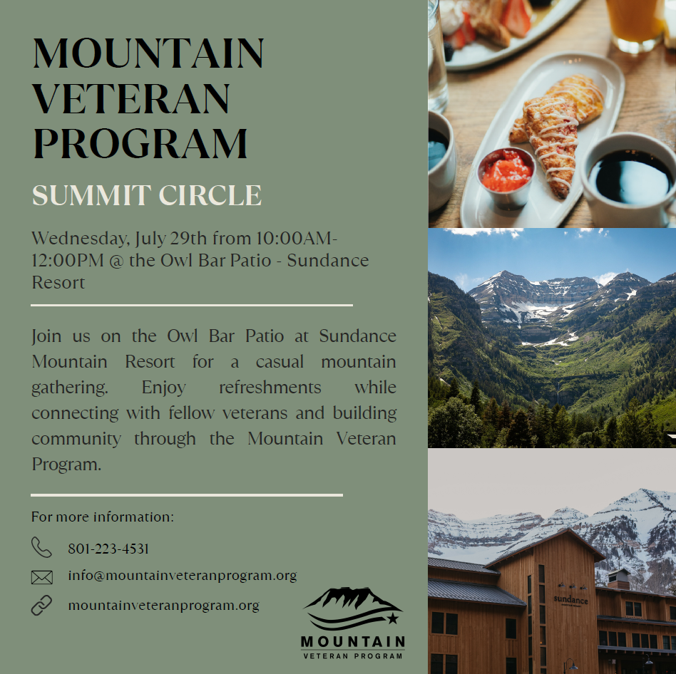 Flyer for Mountain Veteran Program event with mountains, food, and contact information.