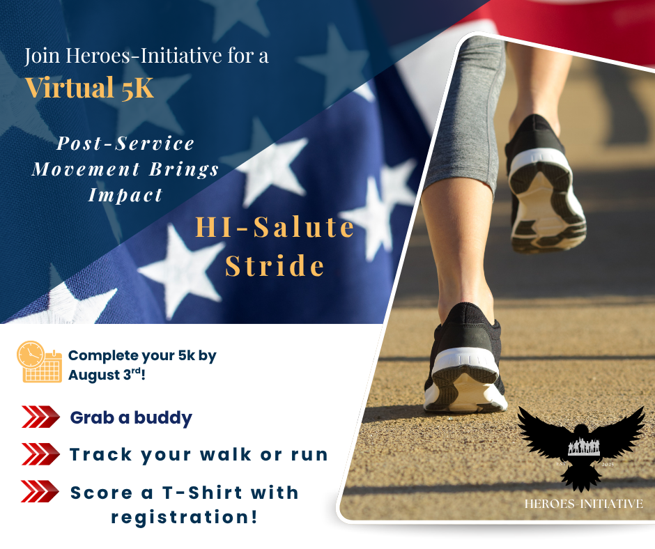 A person walks on a road with text promoting a virtual 5K event by Heroes Initiative.
