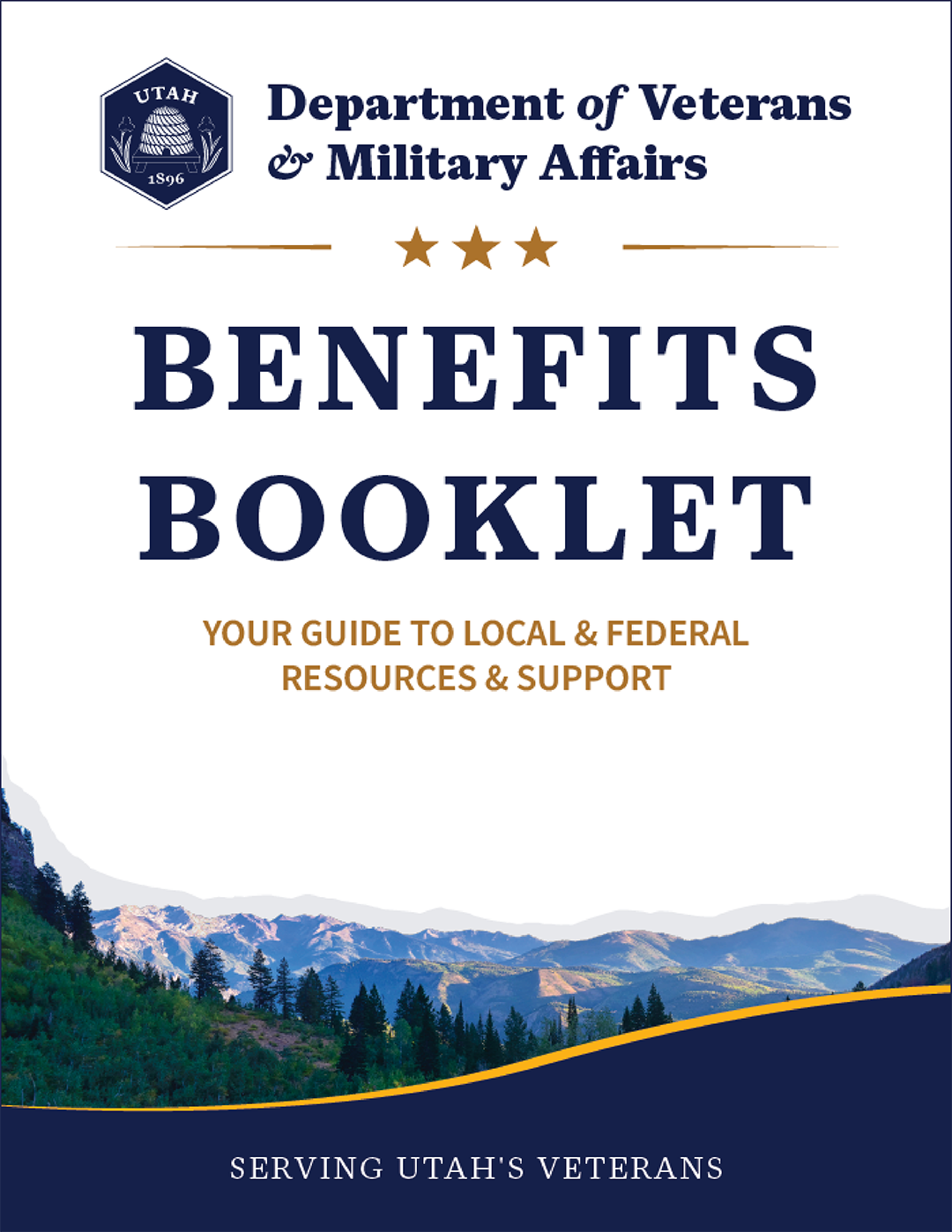 Utah Veterans & Military Affairs Benefits Booklet cover with mountain landscape and three stars.
