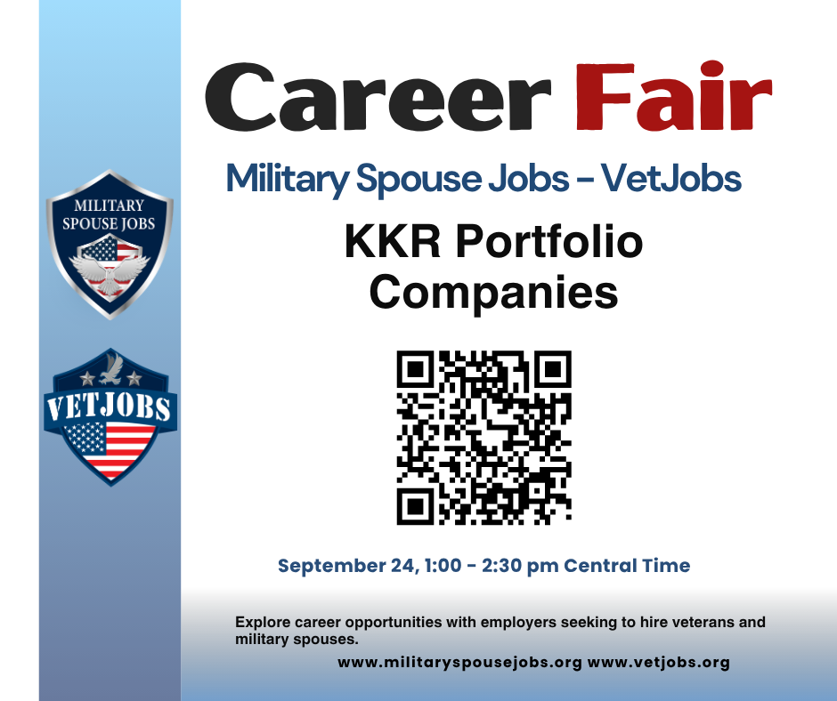 Career Fair flyer for Military Spouse Jobs and VetJobs with a QR code and event details.