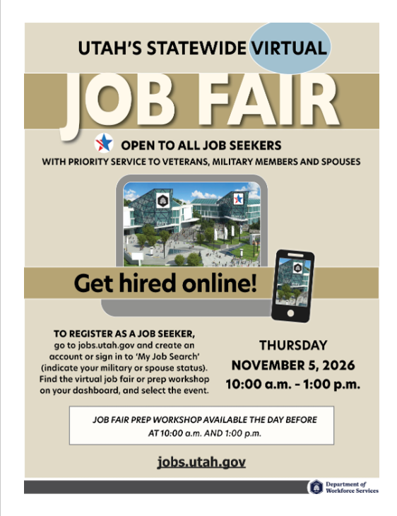 Utah Virtual Job Fair flyer with event details and photos of workplaces, laptop, and job seekers.