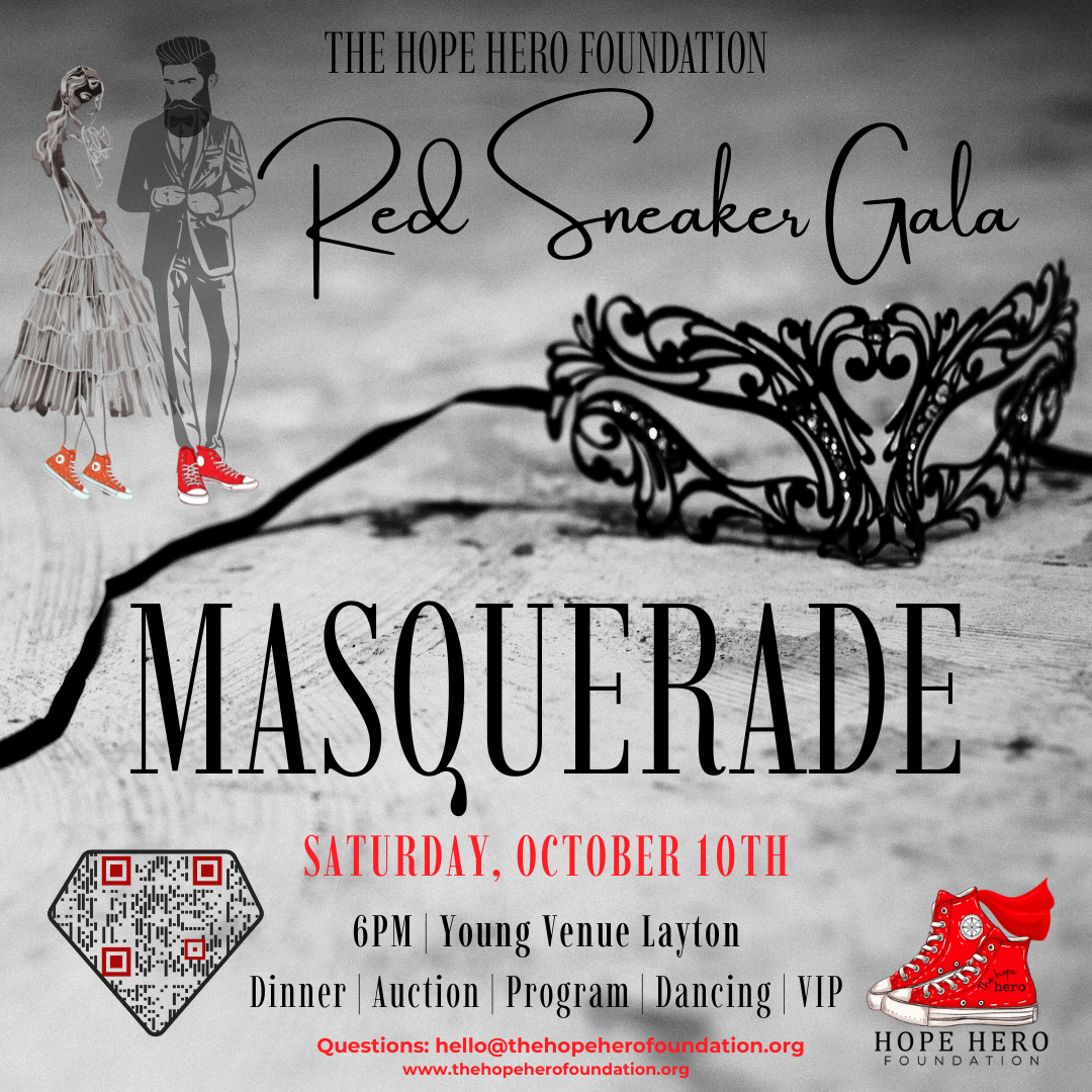 Masquerade gala invite with mask, red sneakers, event details, QR code, and foundation logo.
