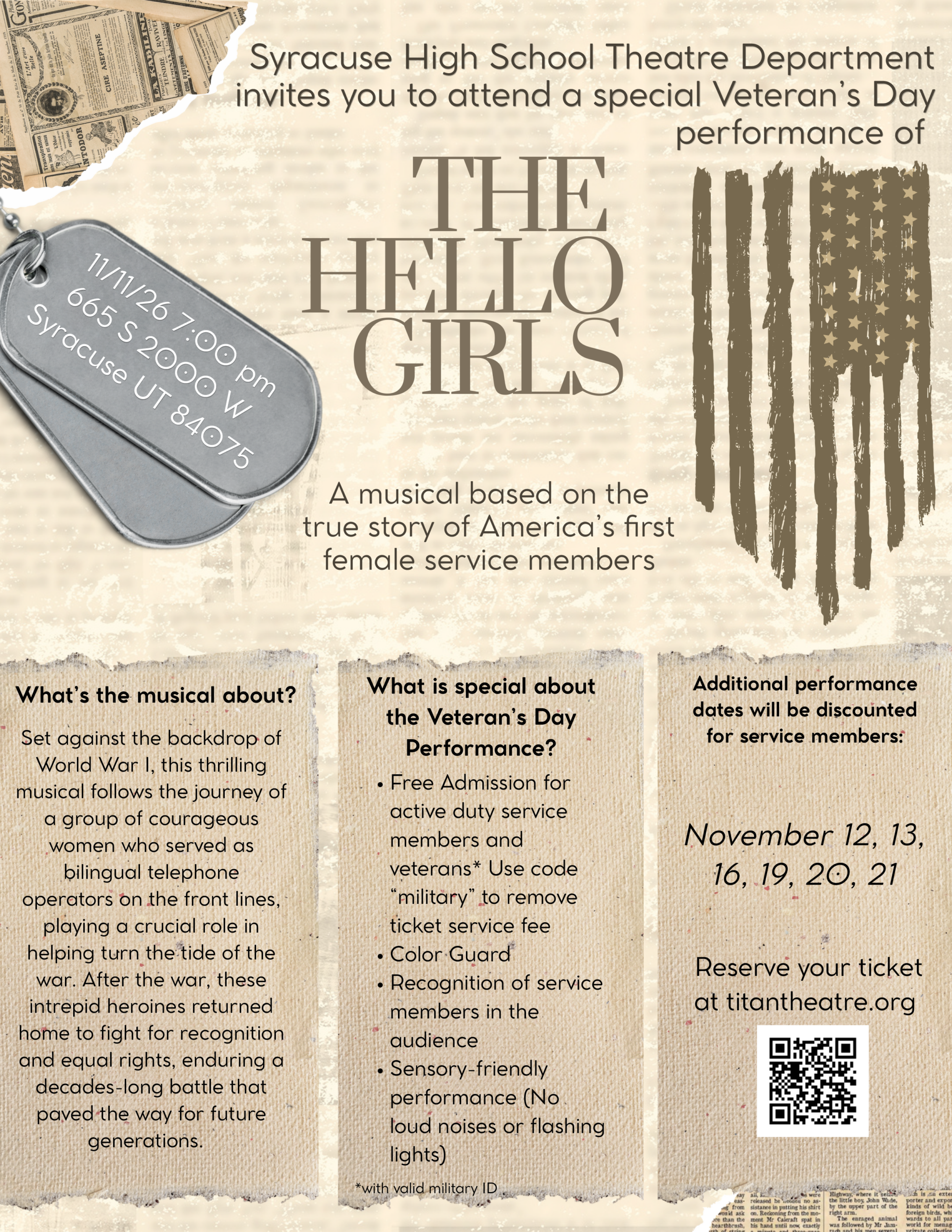 Flyer for the Syracuse High School performance of The Hello Girls on November 11.